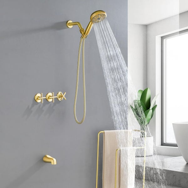 3-Handle 10-Spray Tub and Shower Faucet 2.5 GPM in Brushed Gold Valve Included