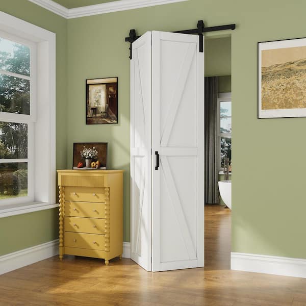 40 in. x 84 in. Paneled White Finished MDF British K Shape Composite Bi-Fold Sliding Barn Door with Hardware Kit