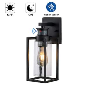 1-Light Matte Black Motion Sensing Dusk to Dawn Not-Solar Outdoor Wall Lantern Sconce with Clear Seeded Glass
