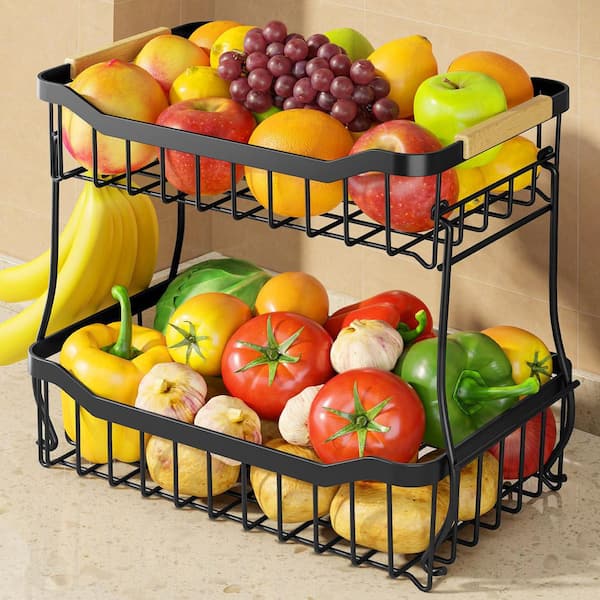 1 Piece Black 2-Tier Detachable Fruit Vegetable Basket with Banana Hanger & Wooden Handle for Kitchen Counter
