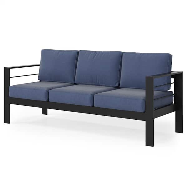 Tenleaf Black All-Weather Aluminum Outdoor Couch with Blue Cushions, 3 Seats