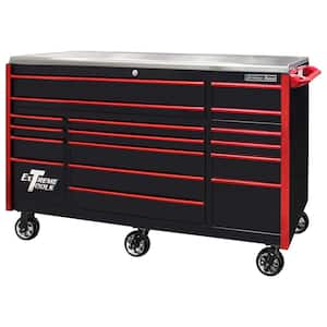 EXQ 72 in. 17-Drawer Black Professional Triple Bank Roller Cabinet Tool Chest with Red Drawer Pulls