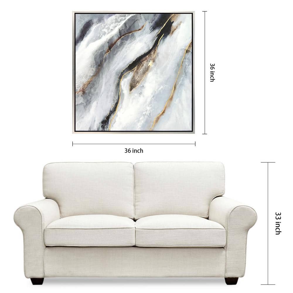 Flood Abstract Black and White Canvas with Gold Leaf and Champagne Frame, 36" x 36"