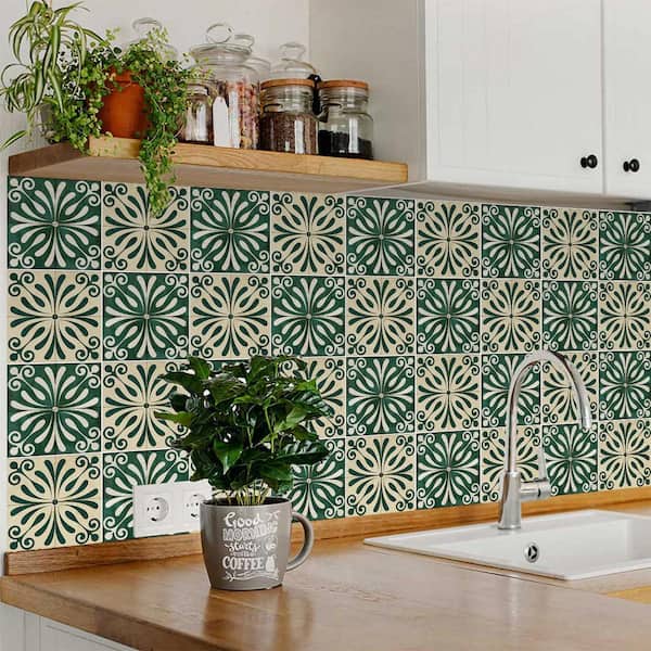 Dark Green and Antique White R1012 7 in. x 7 in. Vinyl Peel and Stick Tile (8.17 sq.ft., 24-Tiles/pack)