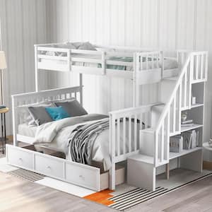 White Twin Over Full Stairway Bunk Bed with 3 Drawers and Bookshelves, Wood Kids Bunk Bed Frame with Stairway