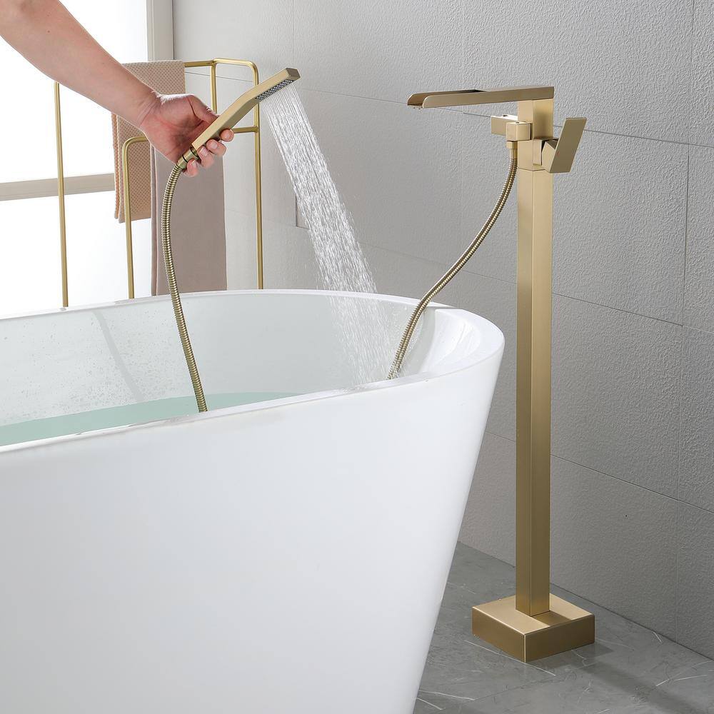 Gold Freestanding Floor Mount Tub Faucet with Hand Shower