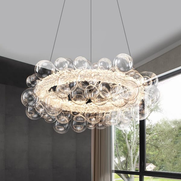 MENCOLULU 21.65 in. 1-Light Gold Modern Round Globe Crystal Integrated LED Chandelier Dimmable Pendant Light with Glass Bubbles
