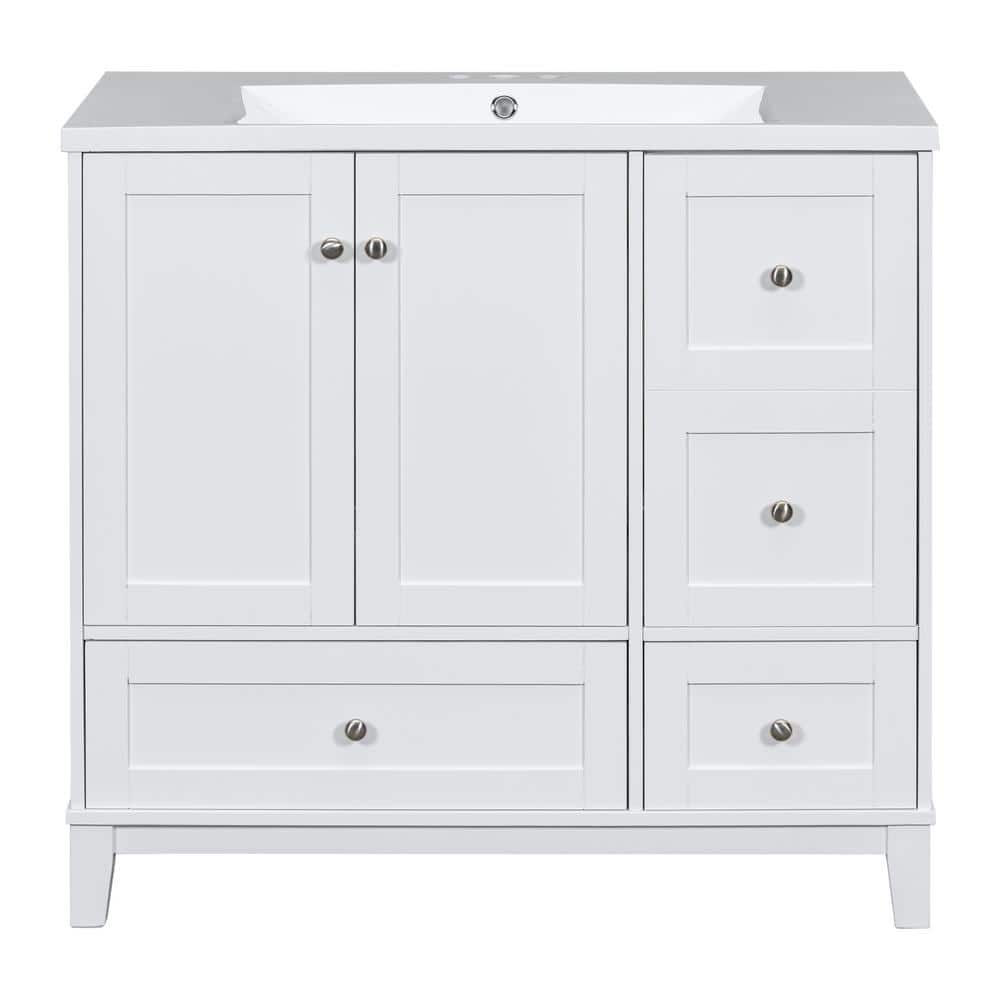 36 in. W x 18 in. D x 34 in. H White Bath Vanity Cabinet with 3 Drawers, 2 