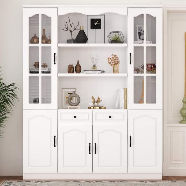 FUFU&GAGA 78.7 in. Tall Wood Standard 14-Shelf Bookshelf Bookcase with Glass Doors, Adjustable Shelves, Drawers (63 in. W)