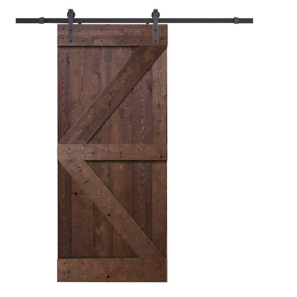 CALHOME 30 in. x 84 in. K-Style Knotty Pine Wood Barn Door with Sliding ...