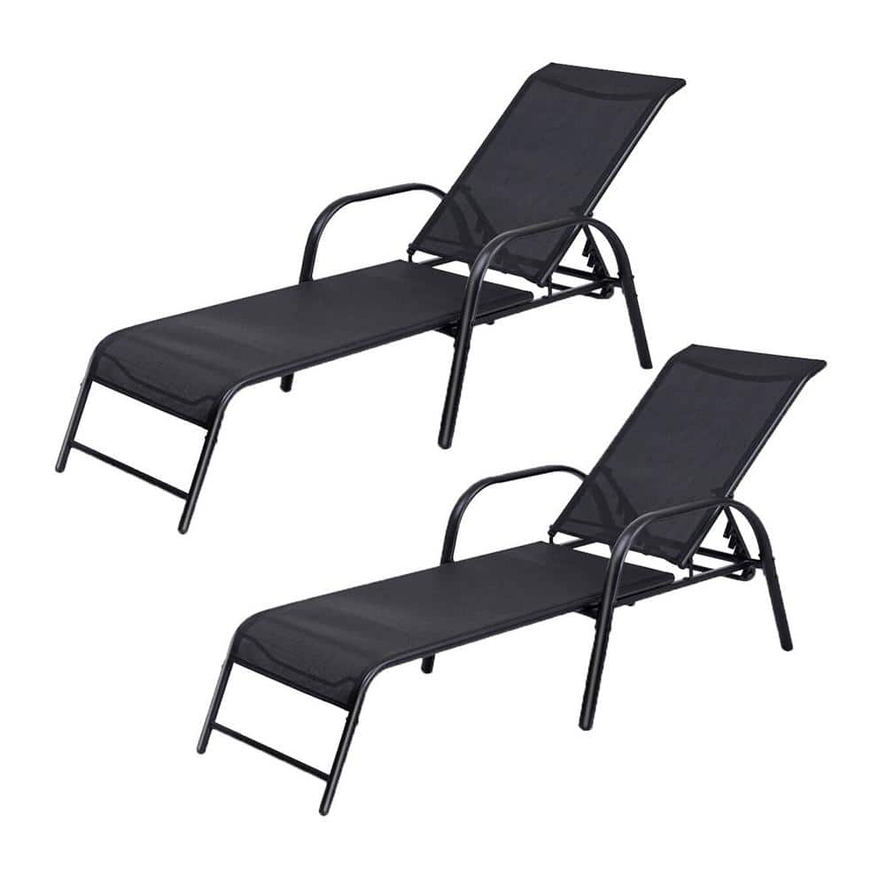 Costway Black Steel Sling Patio Lounge Chairs Adjustable Outdoor Chaise Lounge Set Of Qd