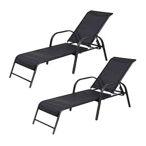 Black Steel Sling Patio Lounge Chairs Adjustable Outdoor Chaise Lounge (Set of 2)