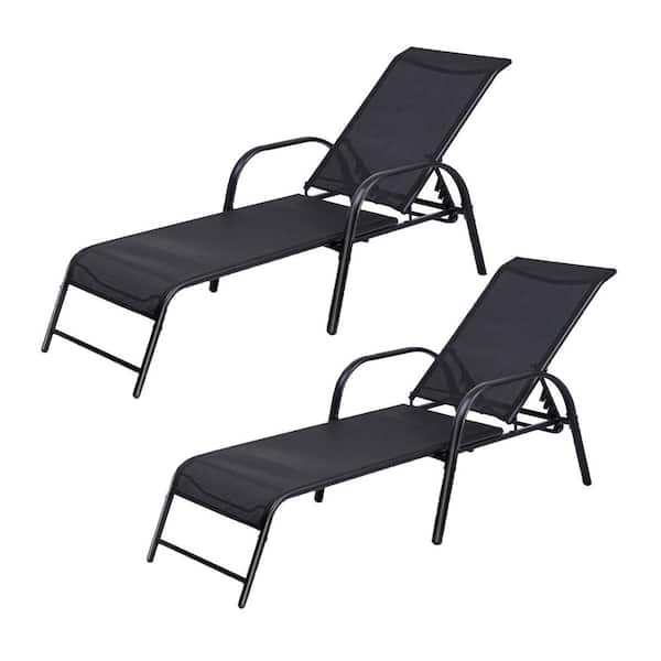 Costway Black Steel Sling Patio Lounge Chairs Adjustable Outdoor Chaise Lounge (Set of 2)