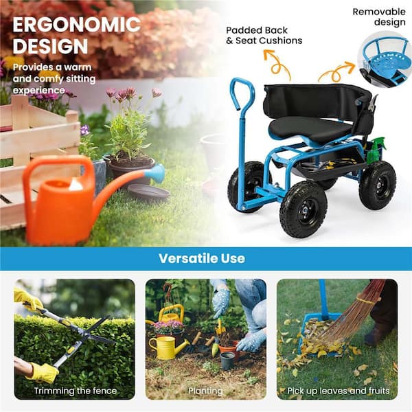 0 cu. ft. Metal Rolling Garden Cart Height Adjustable Scooter with Swivel Seat and Tool Storage Blue