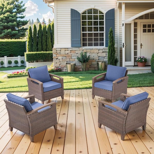 Kelsey Blue 4-Piece All-Weather Brown Wicker Armchairs with 4 in. Ergonomic Cushions