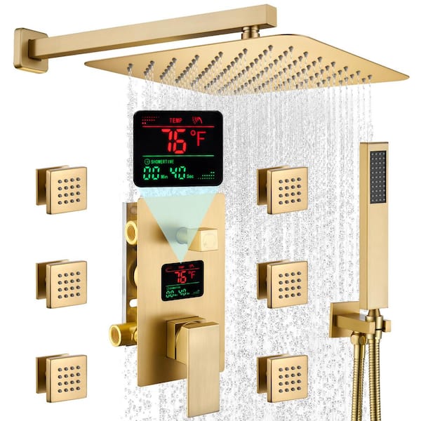 CASAINC 3-Spray 12 in. Dual Shower Head Wall Mount Fixed and Handheld Shower Head 2.5 GPM with 6-Body Jets in Brushed Gold