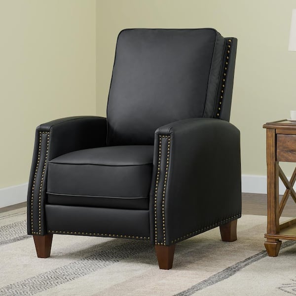 Spruce & Spring Balthazar Black Lether Manual Push Back Recliner with Nailhead Trim and Solid Wood Legs