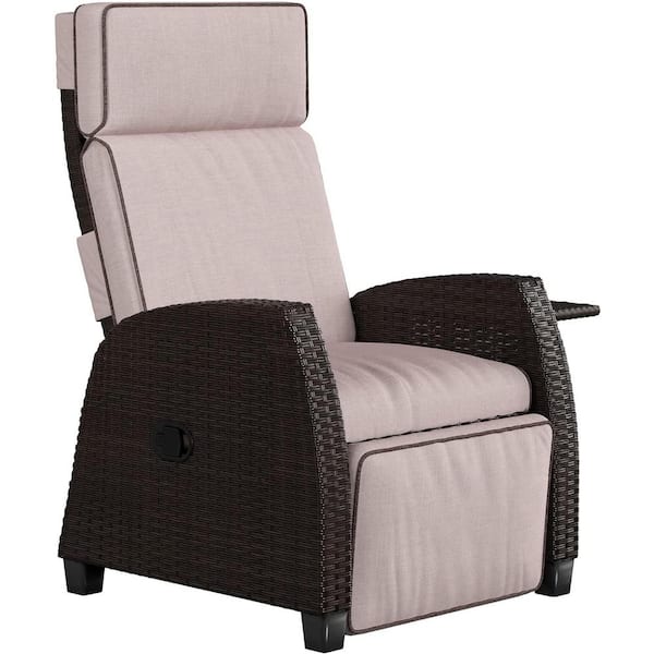 Unbranded Wicker patio Indoor and Outdoor Moor Lay Flat Recliner Lounge Chair with Flip Table Push Back and Beige Cushions