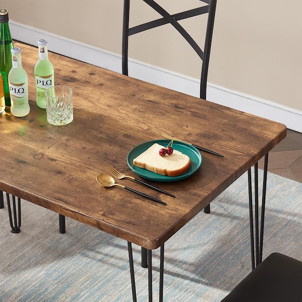 5-Piece Metal and Wood Indoor Modern Rectangular Dining Table Furniture Set 43.3"L, Brown，Breakfast Nook w/4 Chairs