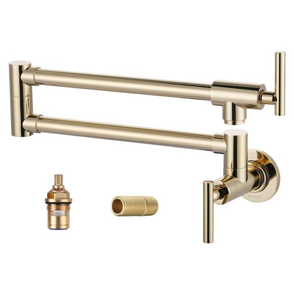 ARCORA Brass Double Handle Wall Mount Pot Filler in Polished Brass
