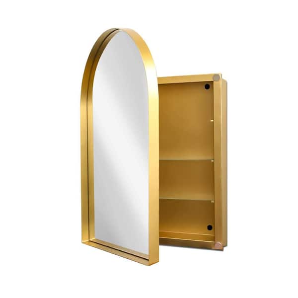 24 in. W x 36 in. H Arched Gold Metal Surface Mount Medicine Cabinet with Mirror, with Adjustable Shelves