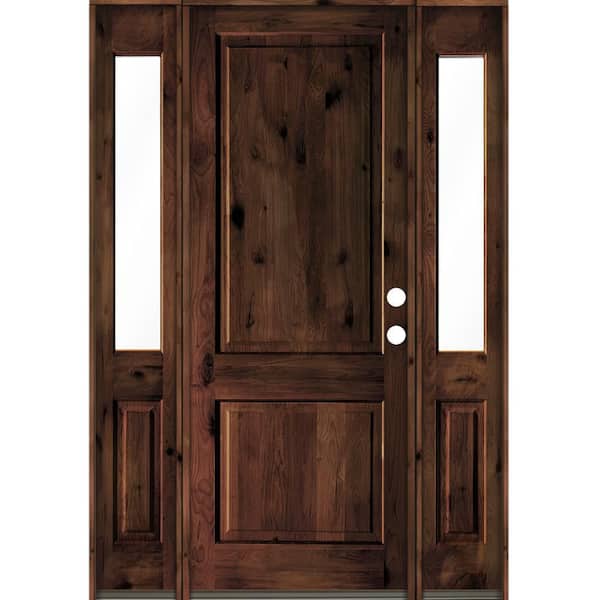 Krosswood Doors 64 in. x 96 in. Rustic Knotty Alder Square Top Red Mahogany Stained Wood Left Hand Single Prehung Front Door