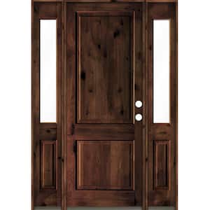 70 in. x 96 in. Rustic Knotty Alder Square Top Red Mahogany Stained Wood Left Hand Single Prehung Front Door