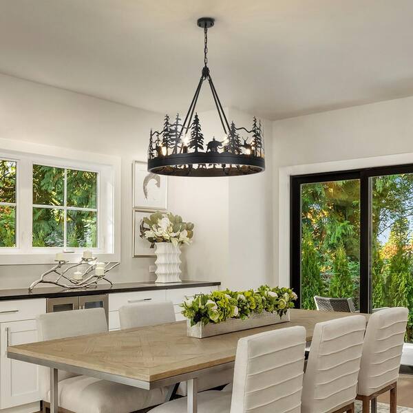 JUSHENG 8-Light Black Ambient Rustic Chandelier Wagon Wheel