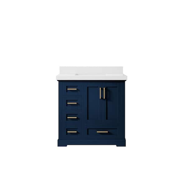 Willow Collections Boston 36 in. W x 22 in. D x 36 in. H Single Sink Bath Vanity Center in Navy Blue with 2" White Quartz Top