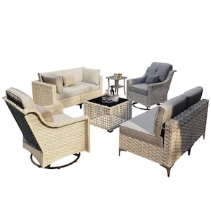 Thor 8-Piece Wicker Patio Conversation Seating Sofa Set with Cushions and Dark Gray Swivel Rocking Chairs