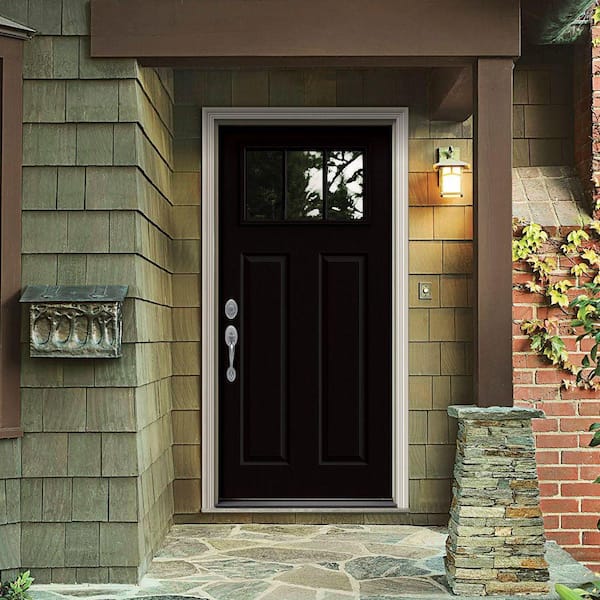 34 in. x 80 in. 3 Lite Craftsman Black w/ White Interior Steel Prehung Right-Hand Inswing Front Door w/Brickmould
