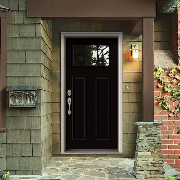 32 in. x 80 in. 3 Lite Craftsman Black Painted Steel Prehung Right-Hand Inswing Front Door w/Brickmould