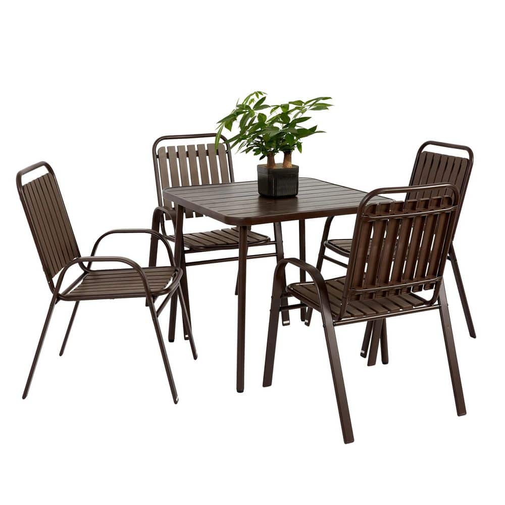 5-Piece Metal Outdoor Dining Set with Brown Coffee Table, 4 Dining Chairs i