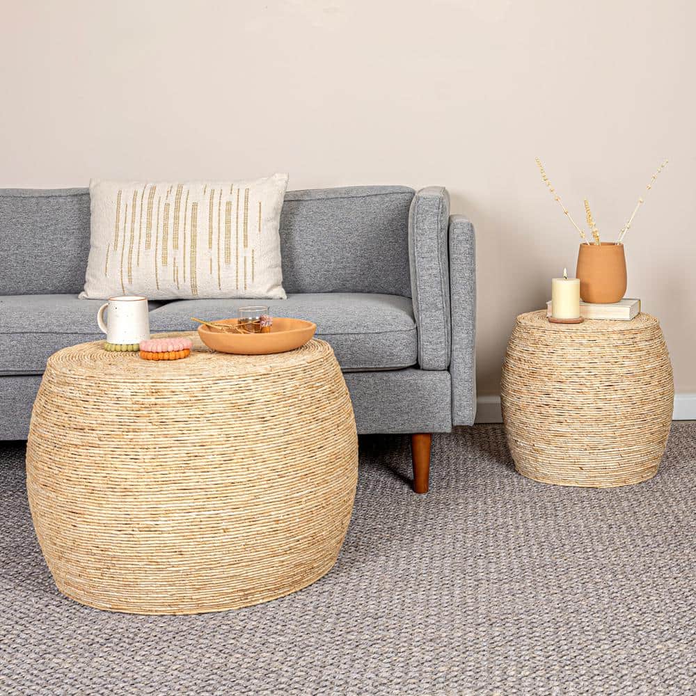 Natural Handwoven Corn Rope Round Barrel Coffee Table
