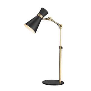 25. 25 in. 1-Light Matte Black and Heritage Brass Table Lamp with Matte Black Metal Shade