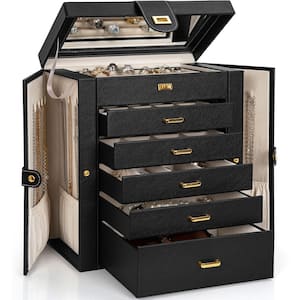 BEY-BERK Black Leather 4-Level Jewelry Box with Multi-Compartments