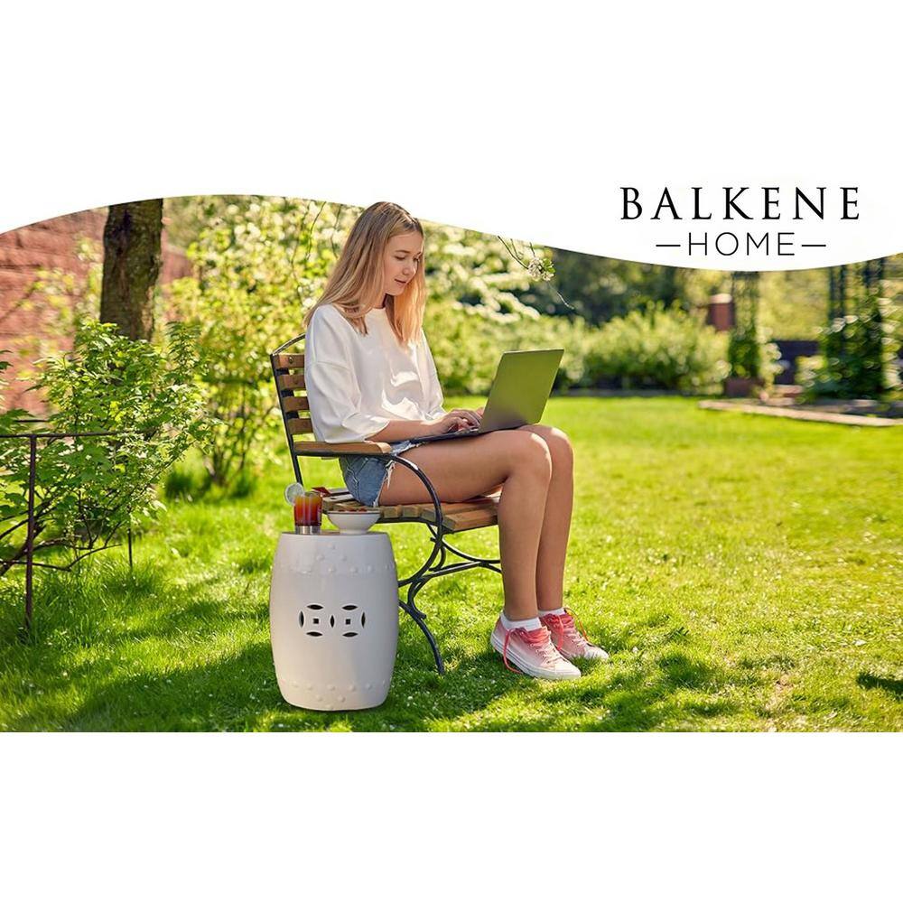 Optic White Ceramic Garden Stool with Double Medallion Design