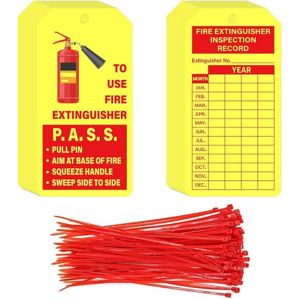 160 Fire Extinguisher Tags with Adjustable Wire Ties Monthly Inspection Record 4.2 x 2.1 in. Yellow