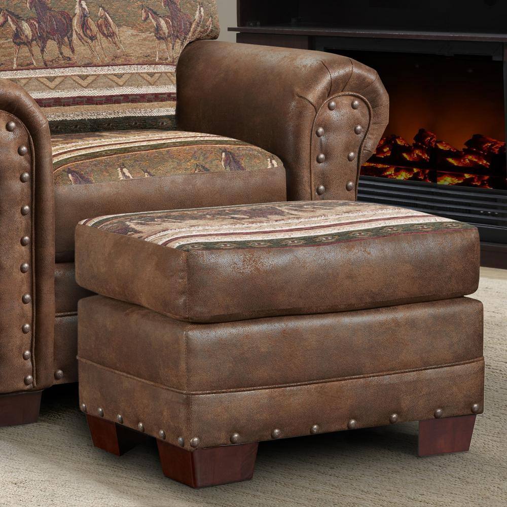 Wild Horse Tapestry Brown Microfiber Ottoman with Nailhead Accents