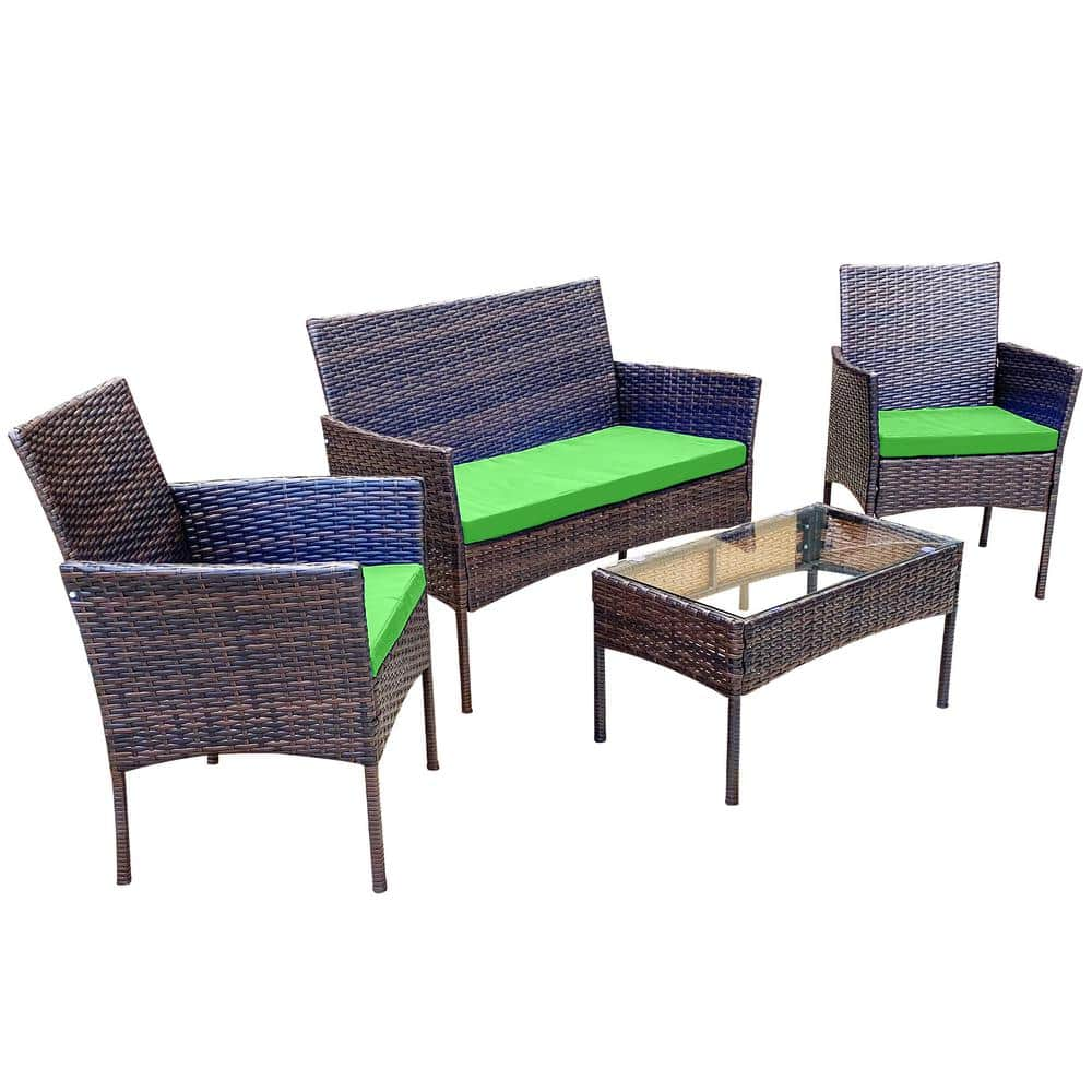 Alvino 4-Piece Wicker Rattan Outdoor Patio Bistro Furniture Set with Green Cushion -  Pyramid Home Decor, P-A170-GN