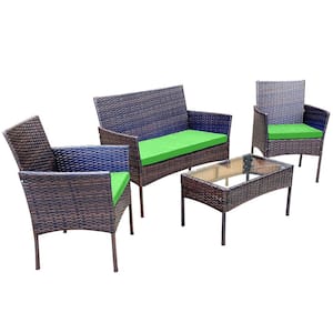 Alvino 4-Piece Wicker Rattan Outdoor Patio Bistro Furniture Set with Green Cushion