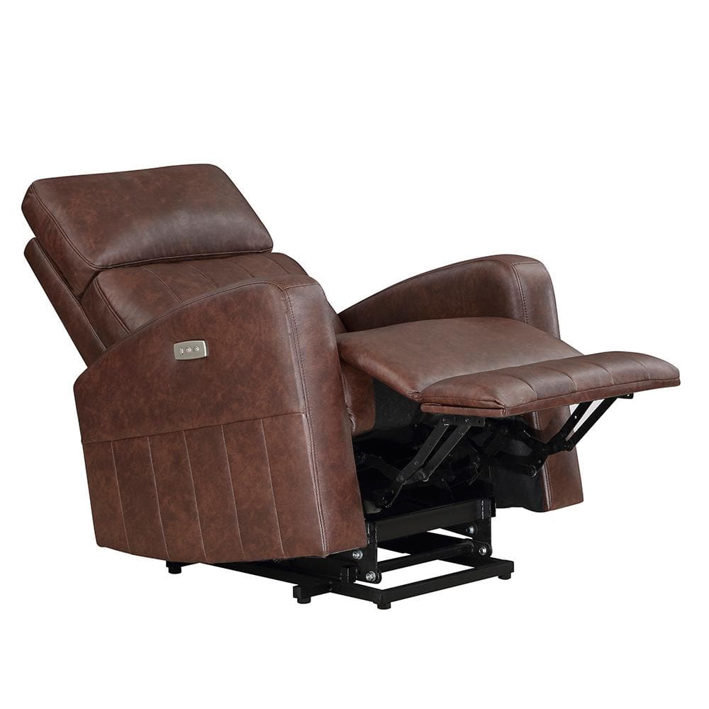 Brown Faux Leather Power Lift Recliner with Wood Frame