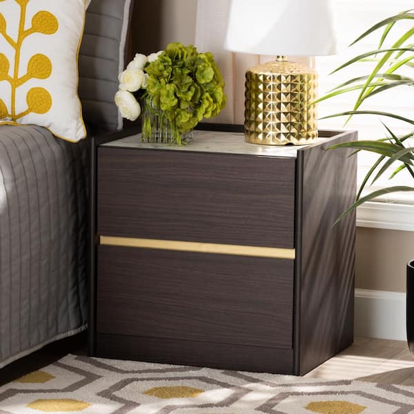 Baxton Studio Walker 2-Drawer Dark Brown and Marble Nightstand (18.9 in. H x 18.9 in. W x 15.75 in. D)