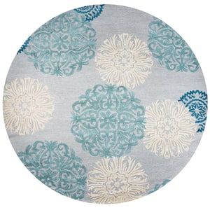 Charming Blue/Gray 10 ft. Round Medallion Wool/Viscose Area Rug