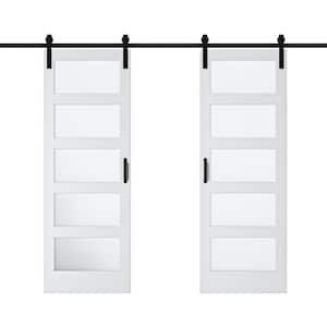 60 in. x 84 in. 5 Lite Tempered Frosted Glass White Primed MDF Wood Sliding Barn Door with Hardware Kit and Soft Close