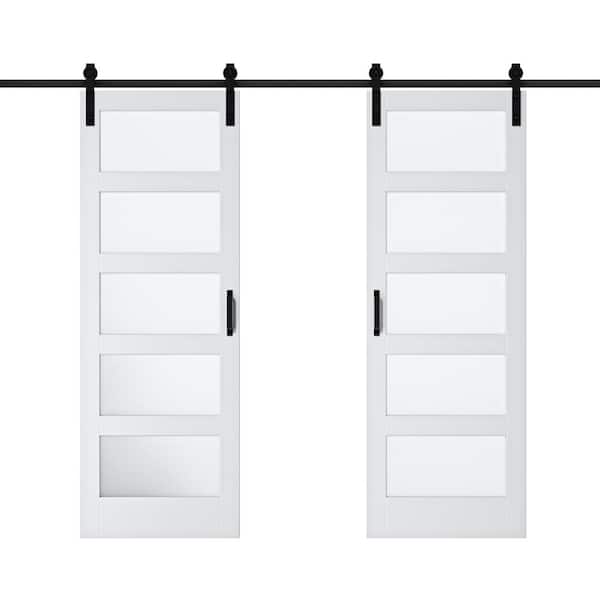 ARK DESIGN 60 in. x 84 in. 5 Lite Tempered Frosted Glass White Primed MDF Wood Sliding Barn Door with Hardware Kit and Soft Close