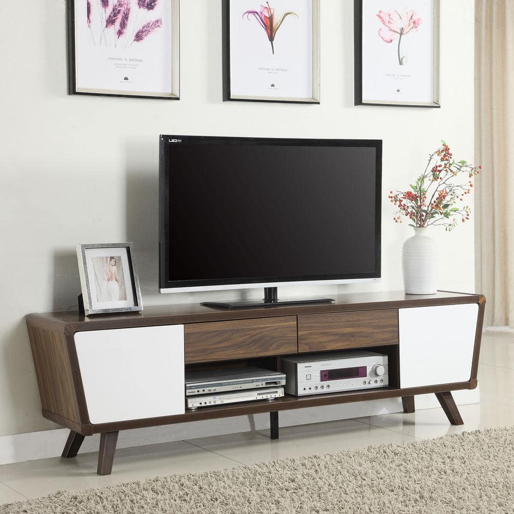 Alvin 74" Walnut and Glossy White TV Console with Cabinet