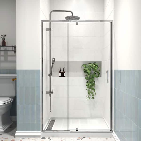 Modern 42 in. W x 71 in. H Pivot Swing Semi-Frameless Shower Door in Chrome Finish with 1/4 in. (6mm) Clear Glass