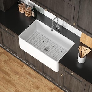 White Fireclay 24 in. L x 18 in. W Single Bowl Farmhouse Apron Kitchen Sink with Grid and Strainer
