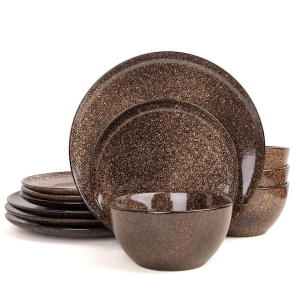 12-Piece Brown Stoneware Dinnerware Set (Service for 4), Reactive Glaze Dishes Set, Dishwasher and Microwave Safe